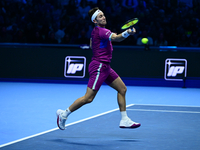 Casper Ruud plays during the Nitto ATP Finals 2024 Group B match between Casper Ruud and Alexander Zverev at Inalpi Arena in Turin, Italy, o...