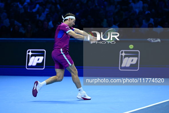 Casper Ruud plays during the Nitto ATP Finals 2024 Group B match between Casper Ruud and Alexander Zverev at Inalpi Arena in Turin, Italy, o...