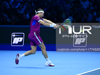 Casper Ruud plays during the Nitto ATP Finals 2024 Group B match between Casper Ruud and Alexander Zverev at Inalpi Arena in Turin, Italy, o...