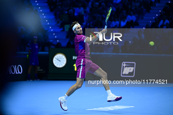 Casper Ruud plays during the Nitto ATP Finals 2024 Group B match between Casper Ruud and Alexander Zverev at Inalpi Arena in Turin, Italy, o...