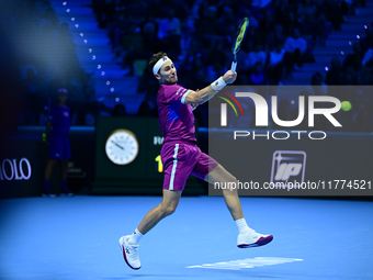 Casper Ruud plays during the Nitto ATP Finals 2024 Group B match between Casper Ruud and Alexander Zverev at Inalpi Arena in Turin, Italy, o...