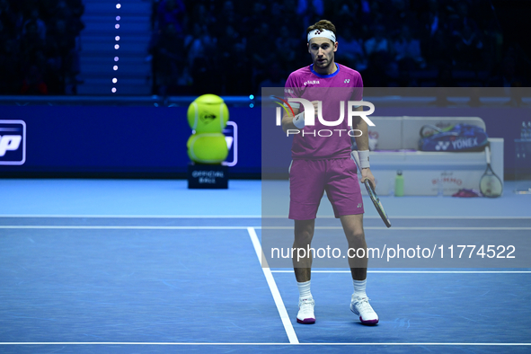 Casper Ruud plays during the Nitto ATP Finals 2024 Group B match between Casper Ruud and Alexander Zverev at Inalpi Arena in Turin, Italy, o...