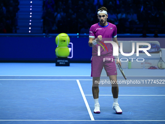 Casper Ruud plays during the Nitto ATP Finals 2024 Group B match between Casper Ruud and Alexander Zverev at Inalpi Arena in Turin, Italy, o...