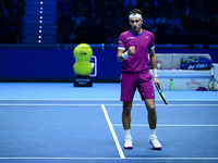 Casper Ruud plays during the Nitto ATP Finals 2024 Group B match between Casper Ruud and Alexander Zverev at Inalpi Arena in Turin, Italy, o...