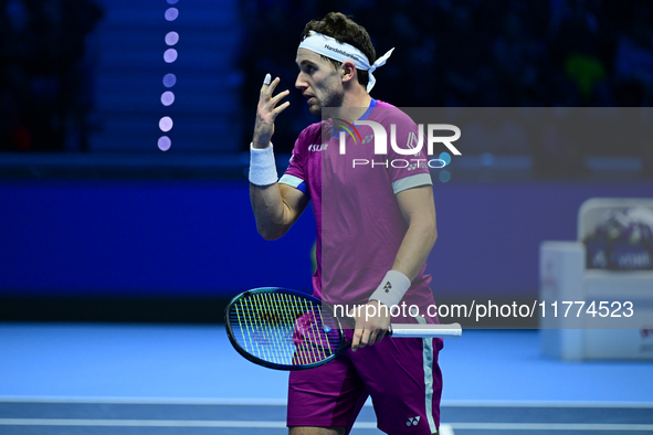 Casper Ruud plays during the Nitto ATP Finals 2024 Group B match between Casper Ruud and Alexander Zverev at Inalpi Arena in Turin, Italy, o...