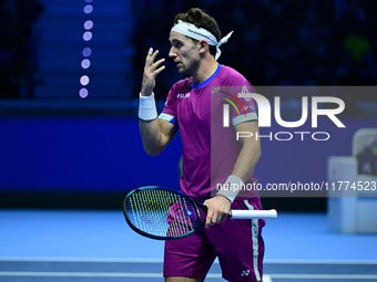 Casper Ruud plays during the Nitto ATP Finals 2024 Group B match between Casper Ruud and Alexander Zverev at Inalpi Arena in Turin, Italy, o...