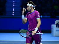 Casper Ruud plays during the Nitto ATP Finals 2024 Group B match between Casper Ruud and Alexander Zverev at Inalpi Arena in Turin, Italy, o...