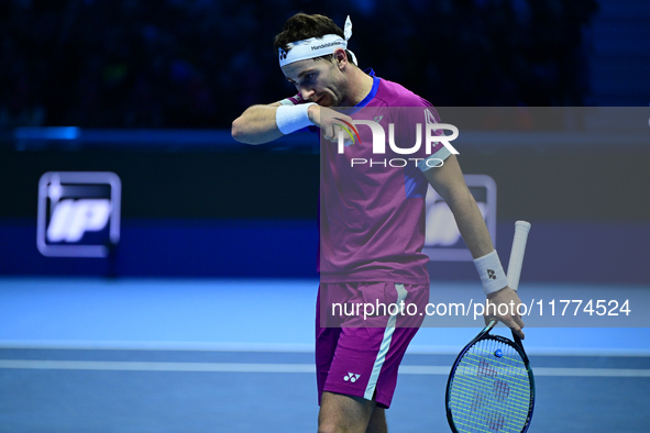 Casper Ruud plays during the Nitto ATP Finals 2024 Group B match between Casper Ruud and Alexander Zverev at Inalpi Arena in Turin, Italy, o...