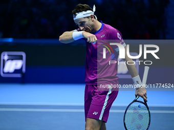 Casper Ruud plays during the Nitto ATP Finals 2024 Group B match between Casper Ruud and Alexander Zverev at Inalpi Arena in Turin, Italy, o...