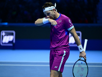 Casper Ruud plays during the Nitto ATP Finals 2024 Group B match between Casper Ruud and Alexander Zverev at Inalpi Arena in Turin, Italy, o...