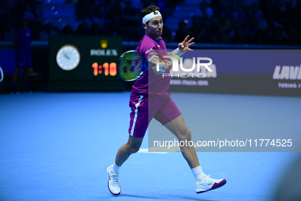 Casper Ruud plays during the Nitto ATP Finals 2024 Group B match between Casper Ruud and Alexander Zverev at Inalpi Arena in Turin, Italy, o...