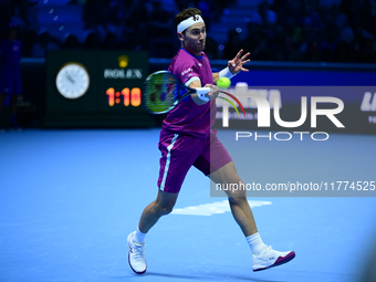 Casper Ruud plays during the Nitto ATP Finals 2024 Group B match between Casper Ruud and Alexander Zverev at Inalpi Arena in Turin, Italy, o...