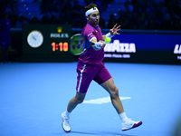 Casper Ruud plays during the Nitto ATP Finals 2024 Group B match between Casper Ruud and Alexander Zverev at Inalpi Arena in Turin, Italy, o...