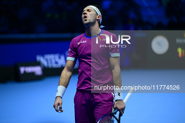 Casper Ruud plays during the Nitto ATP Finals 2024 Group B match between Casper Ruud and Alexander Zverev at Inalpi Arena in Turin, Italy, o...