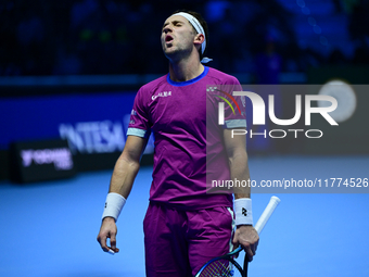 Casper Ruud plays during the Nitto ATP Finals 2024 Group B match between Casper Ruud and Alexander Zverev at Inalpi Arena in Turin, Italy, o...