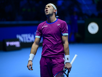 Casper Ruud plays during the Nitto ATP Finals 2024 Group B match between Casper Ruud and Alexander Zverev at Inalpi Arena in Turin, Italy, o...