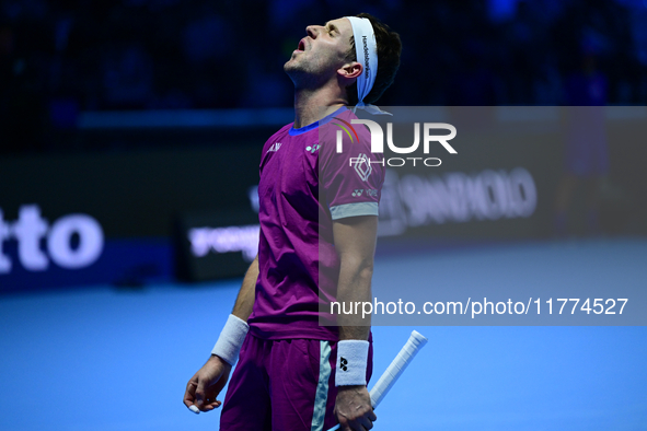 Casper Ruud plays during the Nitto ATP Finals 2024 Group B match between Casper Ruud and Alexander Zverev at Inalpi Arena in Turin, Italy, o...