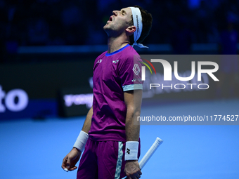 Casper Ruud plays during the Nitto ATP Finals 2024 Group B match between Casper Ruud and Alexander Zverev at Inalpi Arena in Turin, Italy, o...