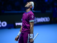 Casper Ruud plays during the Nitto ATP Finals 2024 Group B match between Casper Ruud and Alexander Zverev at Inalpi Arena in Turin, Italy, o...