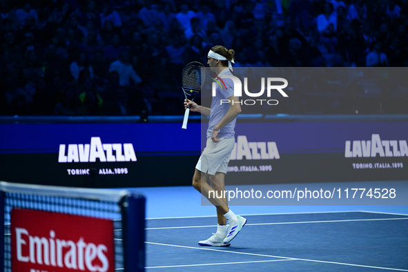 Alexander Zverev competes during the Nitto ATP Finals 2024 Group B match between Casper Ruud and Alexander Zverev at Inalpi Arena in Turin,...