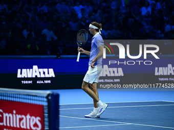 Alexander Zverev competes during the Nitto ATP Finals 2024 Group B match between Casper Ruud and Alexander Zverev at Inalpi Arena in Turin,...