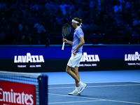 Alexander Zverev competes during the Nitto ATP Finals 2024 Group B match between Casper Ruud and Alexander Zverev at Inalpi Arena in Turin,...