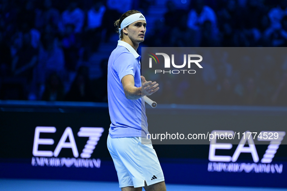 Alexander Zverev competes during the Nitto ATP Finals 2024 Group B match between Casper Ruud and Alexander Zverev at Inalpi Arena in Turin,...