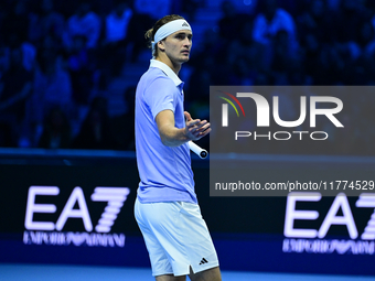 Alexander Zverev competes during the Nitto ATP Finals 2024 Group B match between Casper Ruud and Alexander Zverev at Inalpi Arena in Turin,...