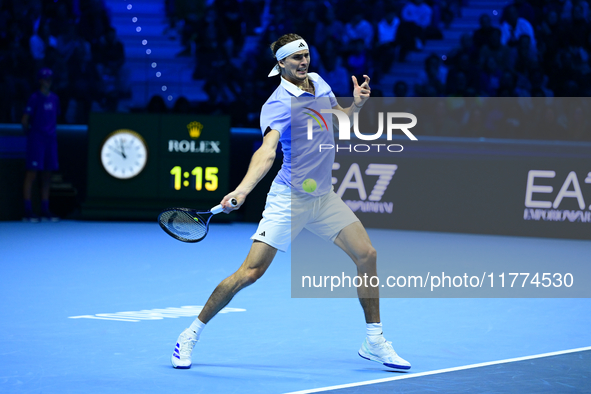 Alexander Zverev competes during the Nitto ATP Finals 2024 Group B match between Casper Ruud and Alexander Zverev at Inalpi Arena in Turin,...