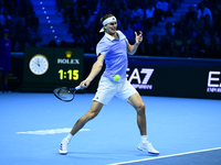 Alexander Zverev competes during the Nitto ATP Finals 2024 Group B match between Casper Ruud and Alexander Zverev at Inalpi Arena in Turin,...