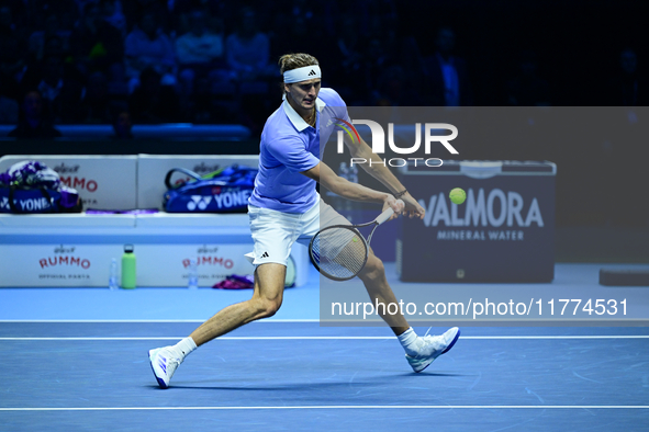 Alexander Zverev competes during the Nitto ATP Finals 2024 Group B match between Casper Ruud and Alexander Zverev at Inalpi Arena in Turin,...