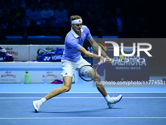 Alexander Zverev competes during the Nitto ATP Finals 2024 Group B match between Casper Ruud and Alexander Zverev at Inalpi Arena in Turin,...