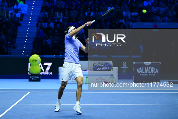 Alexander Zverev competes during the Nitto ATP Finals 2024 Group B match between Casper Ruud and Alexander Zverev at Inalpi Arena in Turin,...