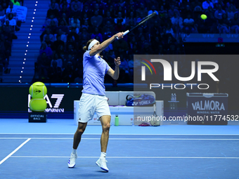 Alexander Zverev competes during the Nitto ATP Finals 2024 Group B match between Casper Ruud and Alexander Zverev at Inalpi Arena in Turin,...