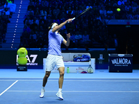 Alexander Zverev competes during the Nitto ATP Finals 2024 Group B match between Casper Ruud and Alexander Zverev at Inalpi Arena in Turin,...