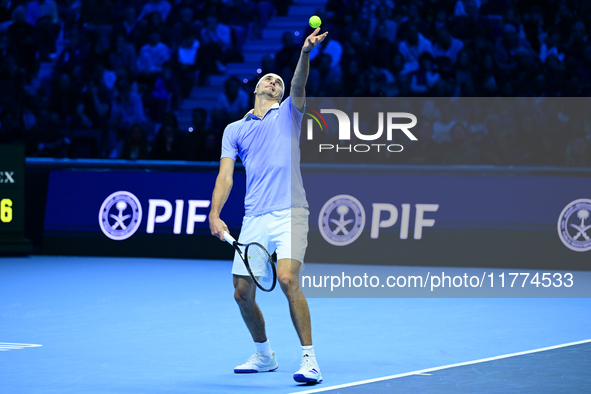 Alexander Zverev competes during the Nitto ATP Finals 2024 Group B match between Casper Ruud and Alexander Zverev at Inalpi Arena in Turin,...