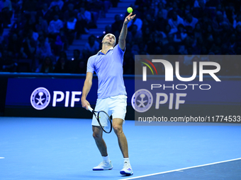 Alexander Zverev competes during the Nitto ATP Finals 2024 Group B match between Casper Ruud and Alexander Zverev at Inalpi Arena in Turin,...