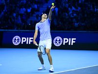 Alexander Zverev competes during the Nitto ATP Finals 2024 Group B match between Casper Ruud and Alexander Zverev at Inalpi Arena in Turin,...