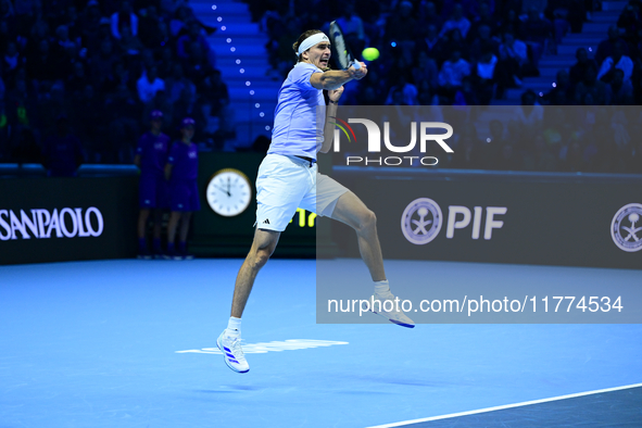 Alexander Zverev competes during the Nitto ATP Finals 2024 Group B match between Casper Ruud and Alexander Zverev at Inalpi Arena in Turin,...