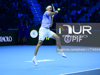 Alexander Zverev competes during the Nitto ATP Finals 2024 Group B match between Casper Ruud and Alexander Zverev at Inalpi Arena in Turin,...