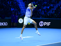 Alexander Zverev competes during the Nitto ATP Finals 2024 Group B match between Casper Ruud and Alexander Zverev at Inalpi Arena in Turin,...