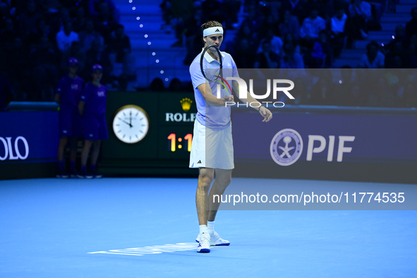 Alexander Zverev competes during the Nitto ATP Finals 2024 Group B match between Casper Ruud and Alexander Zverev at Inalpi Arena in Turin,...