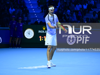 Alexander Zverev competes during the Nitto ATP Finals 2024 Group B match between Casper Ruud and Alexander Zverev at Inalpi Arena in Turin,...