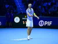 Alexander Zverev competes during the Nitto ATP Finals 2024 Group B match between Casper Ruud and Alexander Zverev at Inalpi Arena in Turin,...