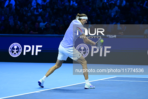 Alexander Zverev competes during the Nitto ATP Finals 2024 Group B match between Casper Ruud and Alexander Zverev at Inalpi Arena in Turin,...