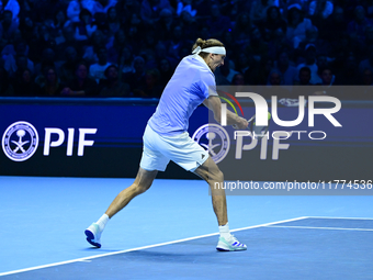 Alexander Zverev competes during the Nitto ATP Finals 2024 Group B match between Casper Ruud and Alexander Zverev at Inalpi Arena in Turin,...