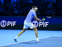 Alexander Zverev competes during the Nitto ATP Finals 2024 Group B match between Casper Ruud and Alexander Zverev at Inalpi Arena in Turin,...