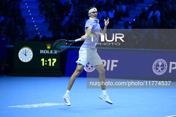 Alexander Zverev competes during the Nitto ATP Finals 2024 Group B match between Casper Ruud and Alexander Zverev at Inalpi Arena in Turin,...