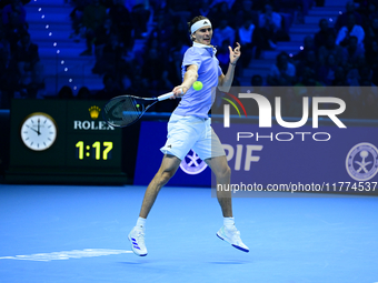 Alexander Zverev competes during the Nitto ATP Finals 2024 Group B match between Casper Ruud and Alexander Zverev at Inalpi Arena in Turin,...