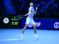 Alexander Zverev competes during the Nitto ATP Finals 2024 Group B match between Casper Ruud and Alexander Zverev at Inalpi Arena in Turin,...